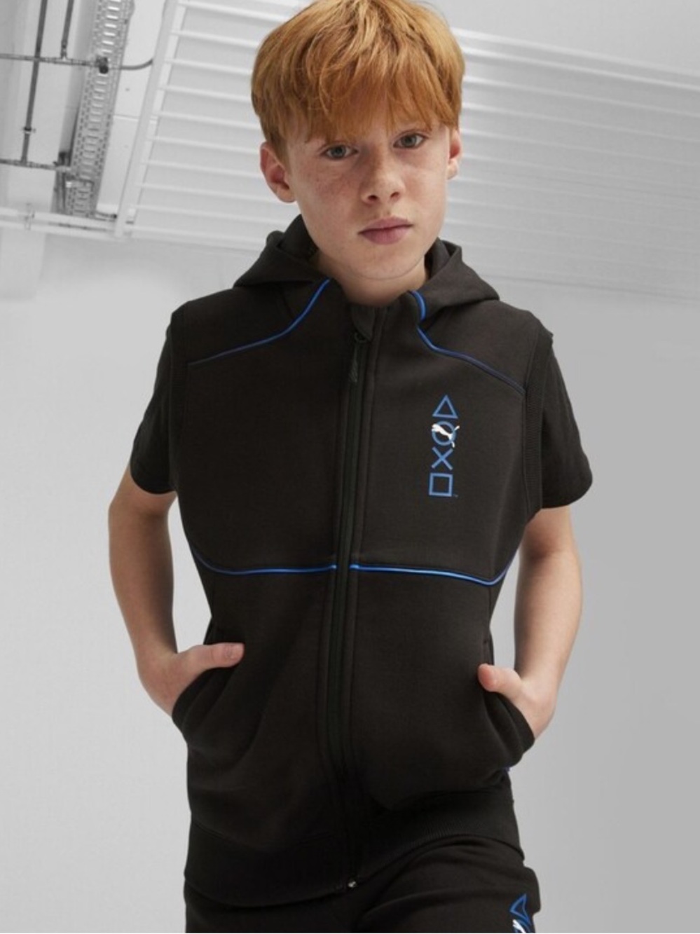 Puma collab PlayStation Kids' Hooded Zip Vest with Blue Trim
